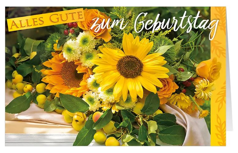 Farbenfrohe Glückwunschkarte "Sommerbote" zum Geburtstag mit Blumenstrauß in gelb
