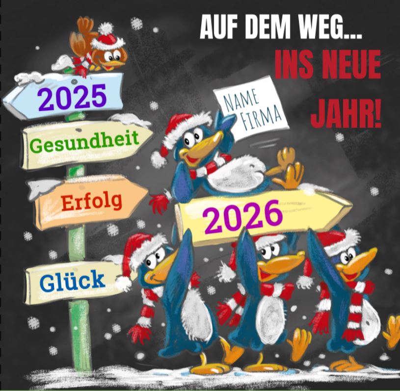 Lustige Neujahrskarte mit Pinguinen und Schilderbaum sowie Spende zugunsten DKMS - Wir besiegen Blutkrebs