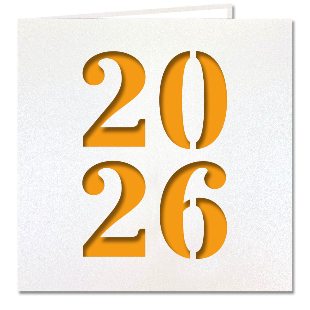 Weiße Neujahrskarte metallic mit Jahreszahl 2026 Stanzung und orangefarbenem Einlegeblatt
