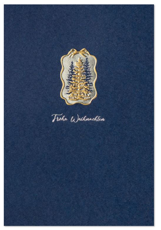 Elegante Weihnachtskarte "Tannen-Medaillon" mit Weihnachtsgruß und foliengeprägten Tannen, inkl. Einlegeblatt