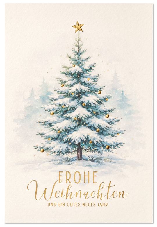 Winterliche  Weihnachtskarte mit verschneitem Weihnachtsbaum und goldgeprägten Festtagsgrüßen
