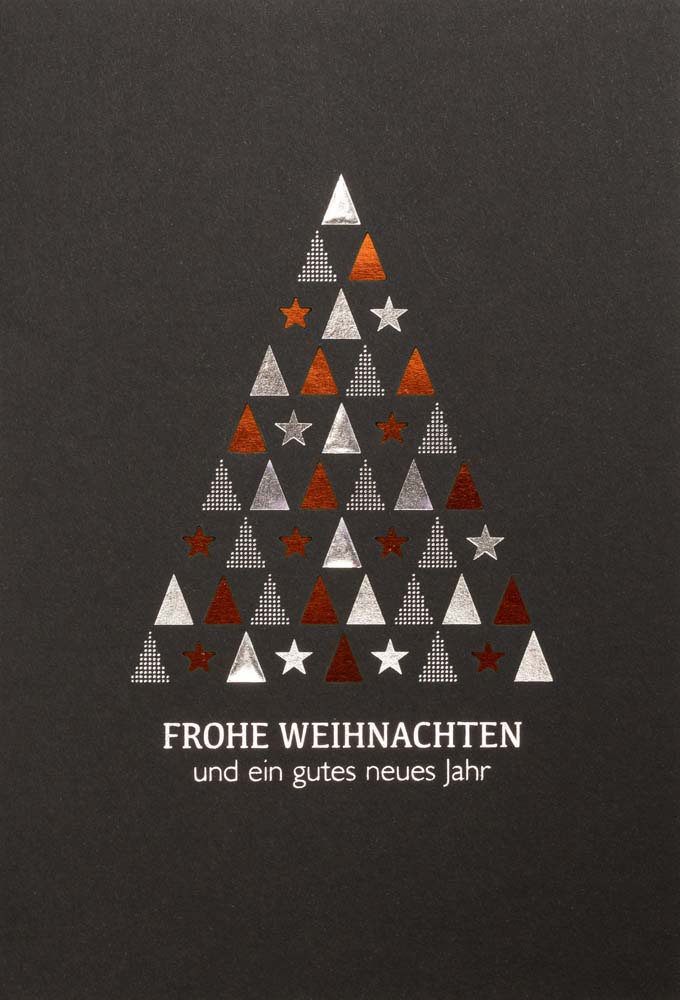 Schwarze Laserkarte mit kupferfarbenem Falteinlegeblatt, Weihnachtsgruß und Silberfoliendruck
