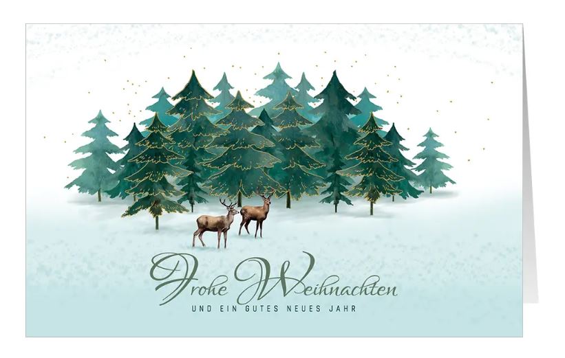 Charity-Weihnachtskarte "Waldgeflüster" mit Tannenwald und Rehen sowie gutem Zweck: Ärzte ohne Grenzen