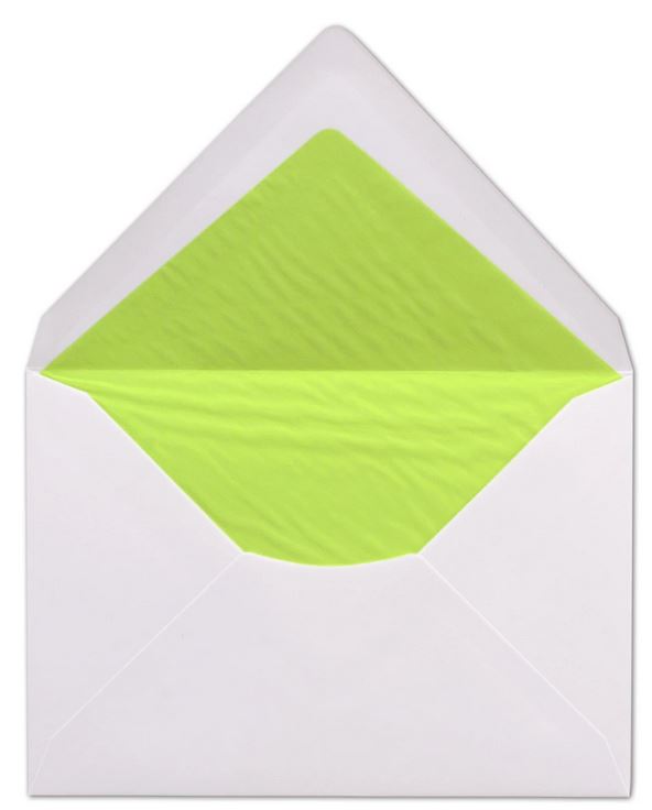 Briefumschlag DIN C6, 16,2 x 11,4 cm, nassklebend, 100g, weiß gefüttert mit grünem Seidenpapier