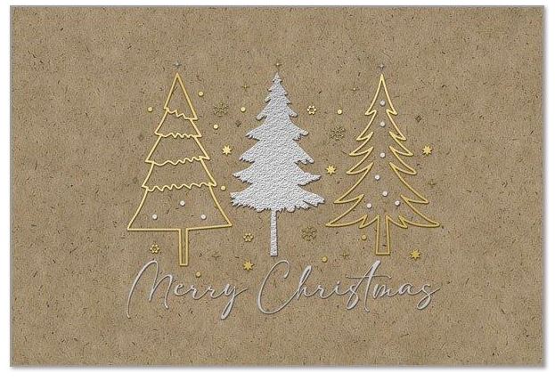 Rustikale Weihnachtsgrußkarte "Silbergoldener Festwald" mit Folienprägung und MERRY CHRISTMAS