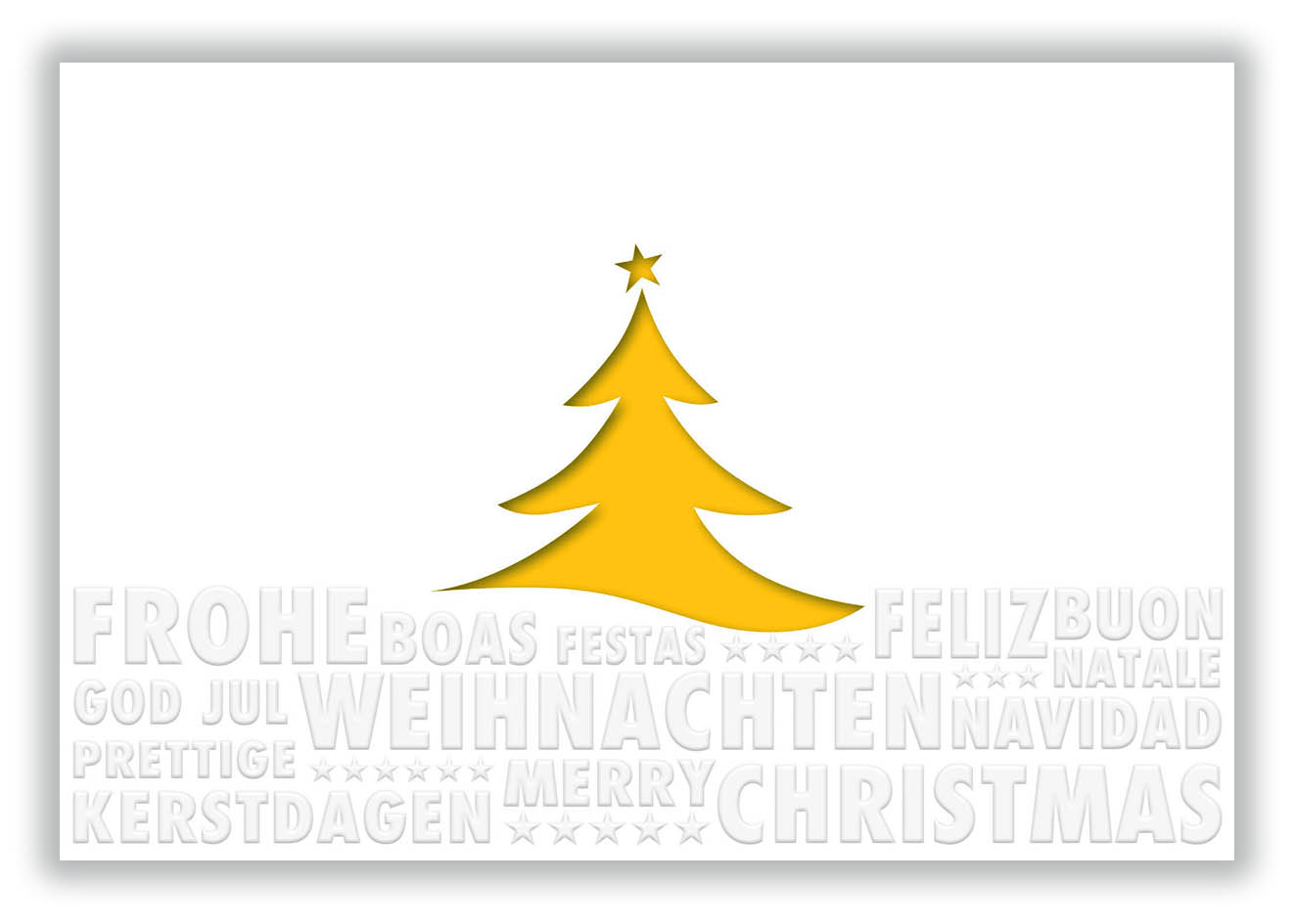 Mehrsprachige, cremeweiße Weihnachtskarte mit internationaler Relief-Blindprägung, Baumstanzung und gelbem Einlegebalatt