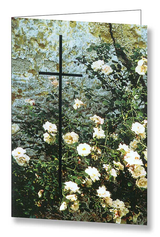 Trauerbild / Sterbebildchen "Weiße Rosen mit Kreuz" als Andenken an einen geliebten Menschen