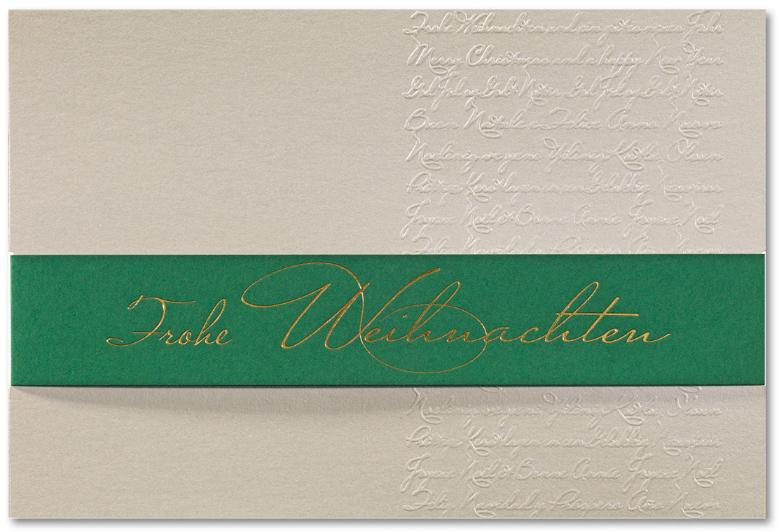 Weihnachtskarte creme metallic mit grün Banderole international