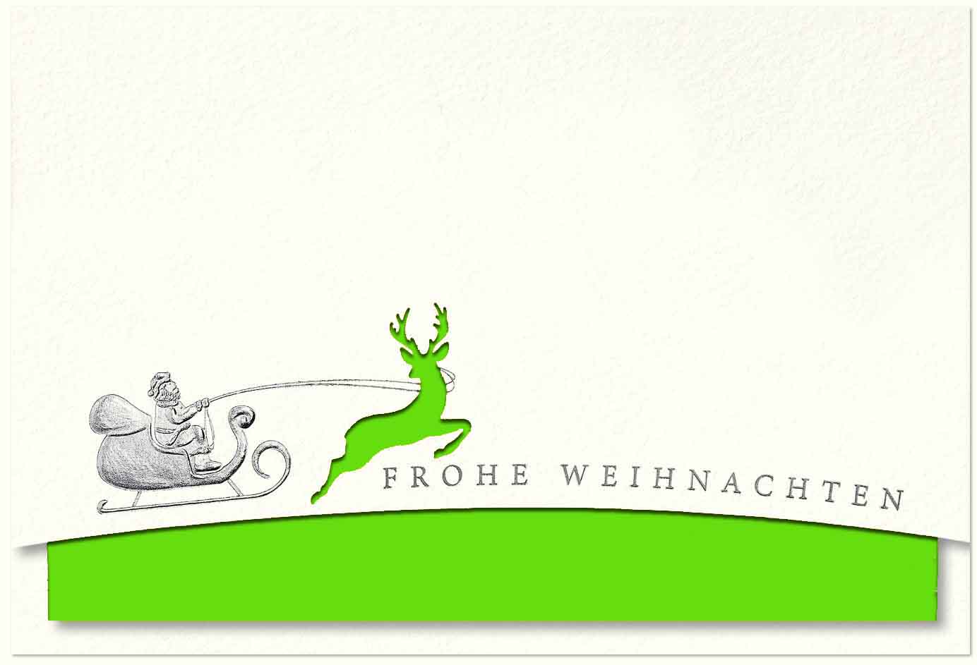 Naturweiße Weihnachtskarte mit springendem Hirsch, Stanzung und hellgrünem Einleger