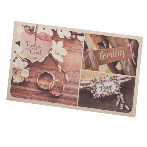 Hochzeitseinladungskarte im Postkartendesign mit Herz & Ringen