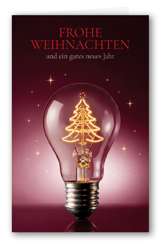 Elegante Weihnachtskarte in Bordeaux „Leuchtende Weihnachten“ mit stilisiertem Tannenbaum als Glühbirne und Gruß