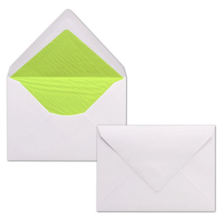 Briefumschlag DIN C6, 16,2 x 11,4 cm, nassklebend, 100g, weiß gefüttert mit grünem Seidenpapier