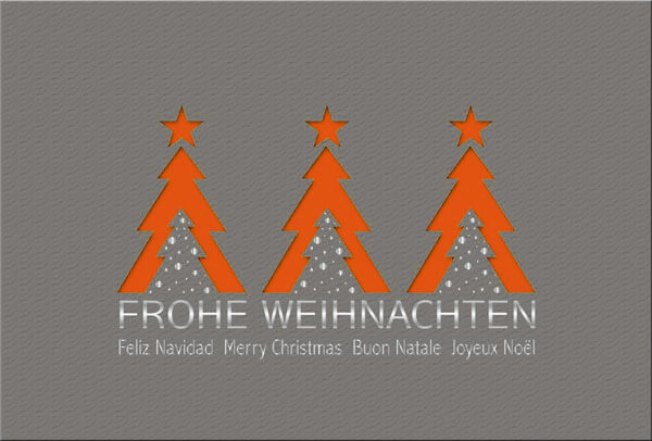 Anthrazitfarbene Weihnachtskarte mit mehrsprachigen Weihnachtsgrüßen und orangenem Einleger