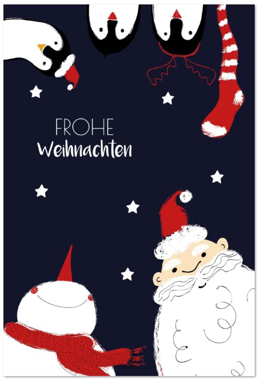 Humorvolle Weihnachtskarte in blau "Fröhliche Bande" mit Weihnachtsmann, Schneemann und Pinguinen