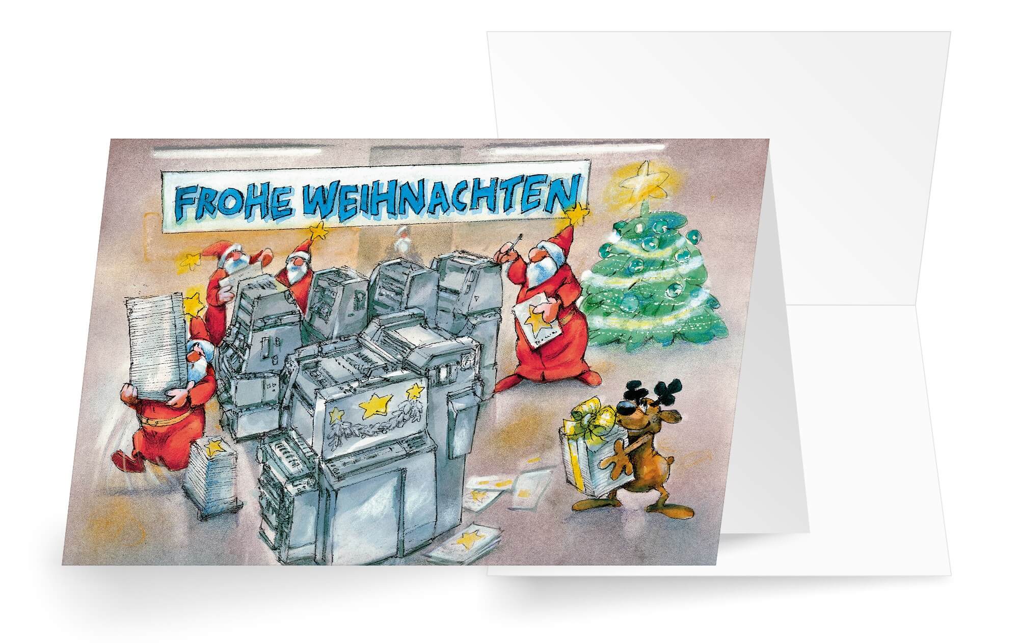 Lustige Weihnachtskarte für Druckerei, Verlag und Printservice mit Weihnachtsgruß und Baum