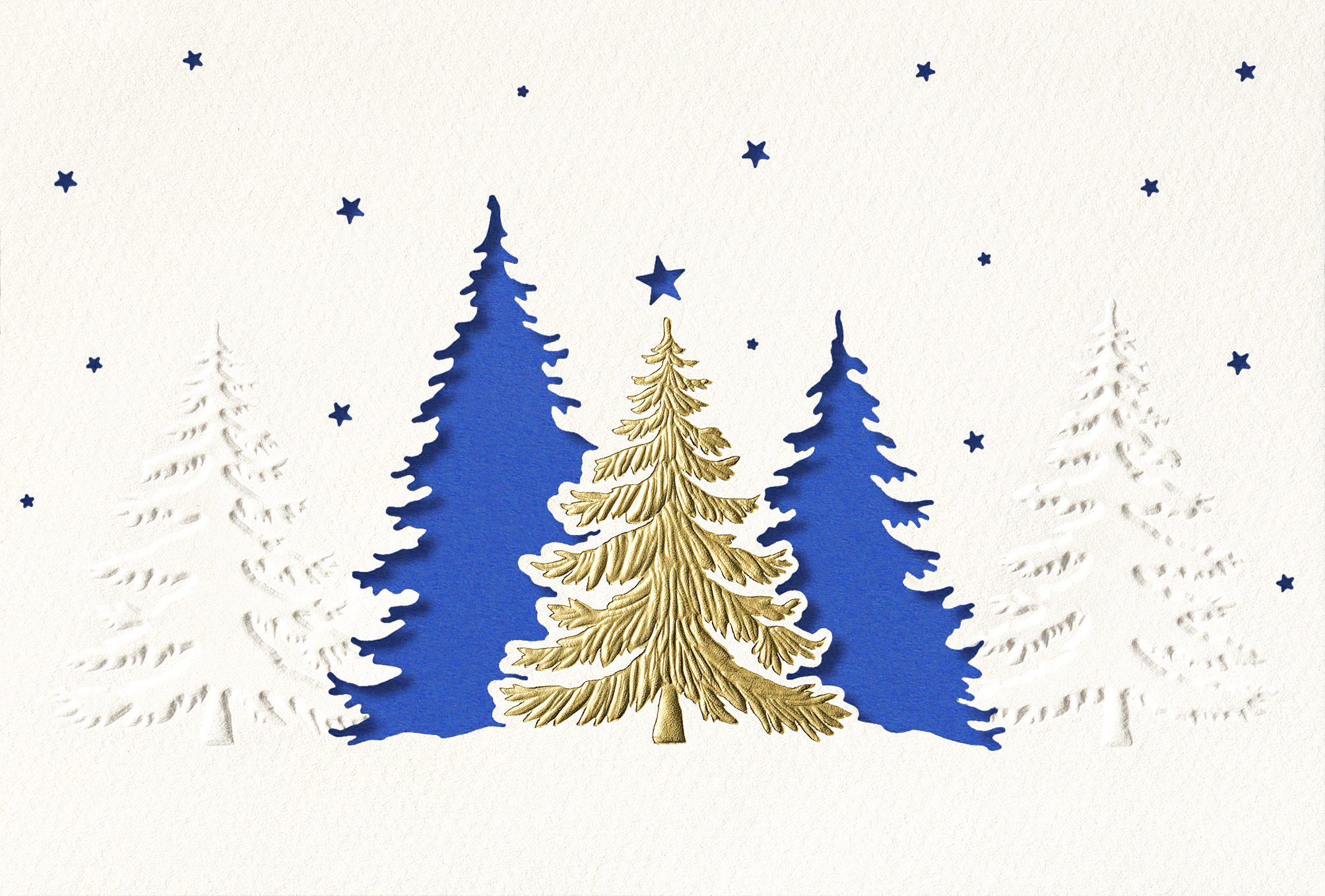 Weiße Weihnachtskarte mit Stanzung, Blindprägung und goldenem Foliendruck, Einleger blau