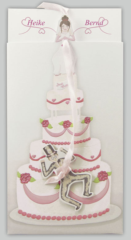 Hochzeitskarte mit Brautpaar und Hochzeitstorte