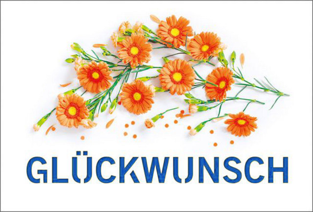Sommerliche Glückwunschkarte mit orangefarbenen Gerberas und "Glückwunsch", Einleger blau
