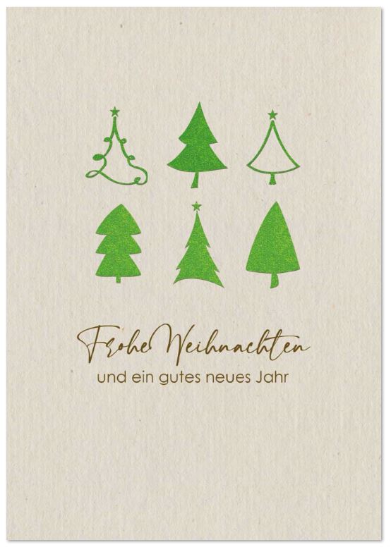 Graubraune Weihnachtskarte aus Naturkarton mit kleinen Tannenbäumchen und Weihnachtsgruß, inkl. Einleger
