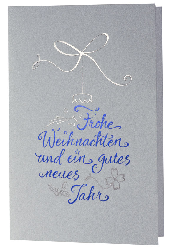 Weihnachtskarte silbergrau Frohe Weihnachten und ein gutes neues Jahr als Weihnachtskugel