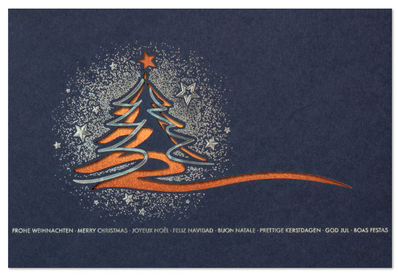 Internationale Weihnachtskarte in blau mit Stanzung und Silberfolienprägung, Einleger kupfer