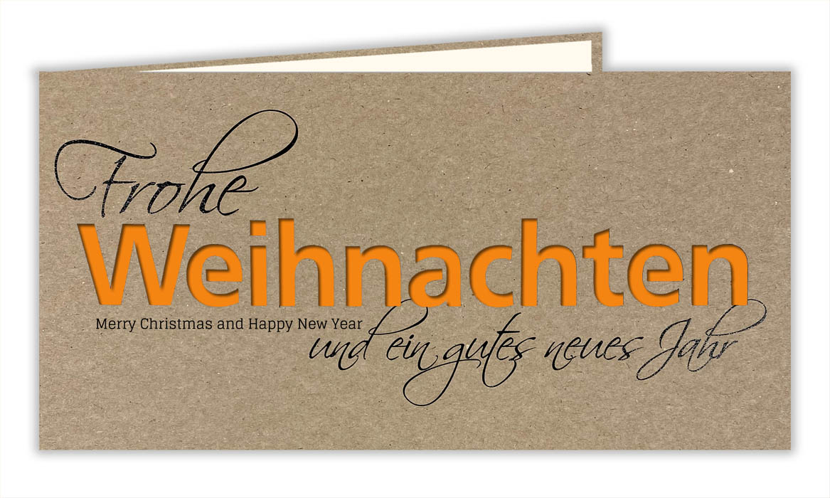 Naturbraune Weihnachtskarte mit Ausstanzung "Weihnachten" und orange-/weißem Einlegeblatt