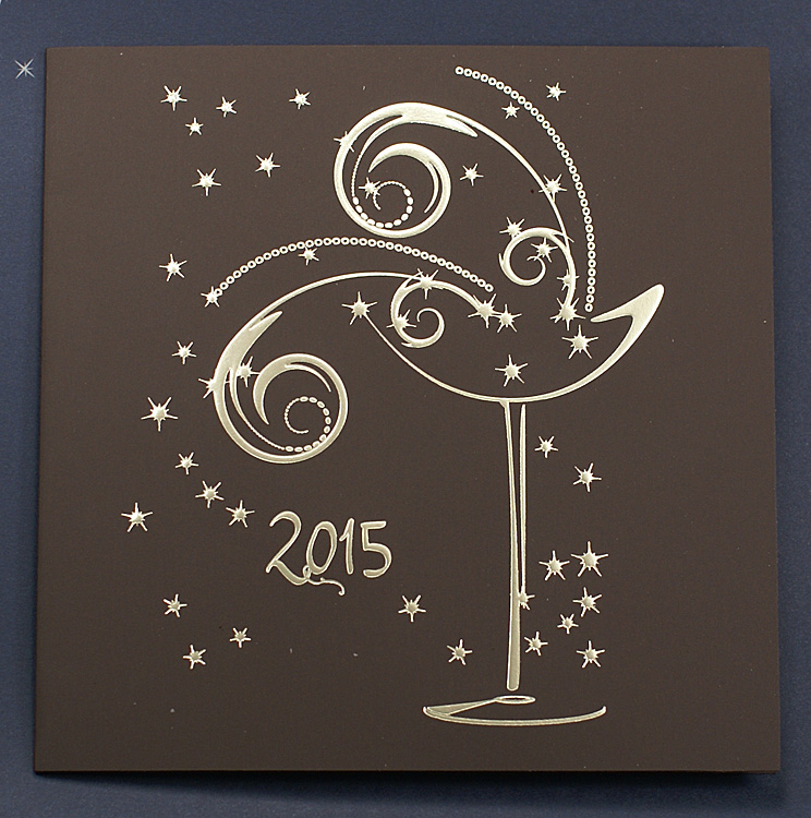 Neujahrskarte dunkelbraun mit Goldfolienprägung Sektglas 2015