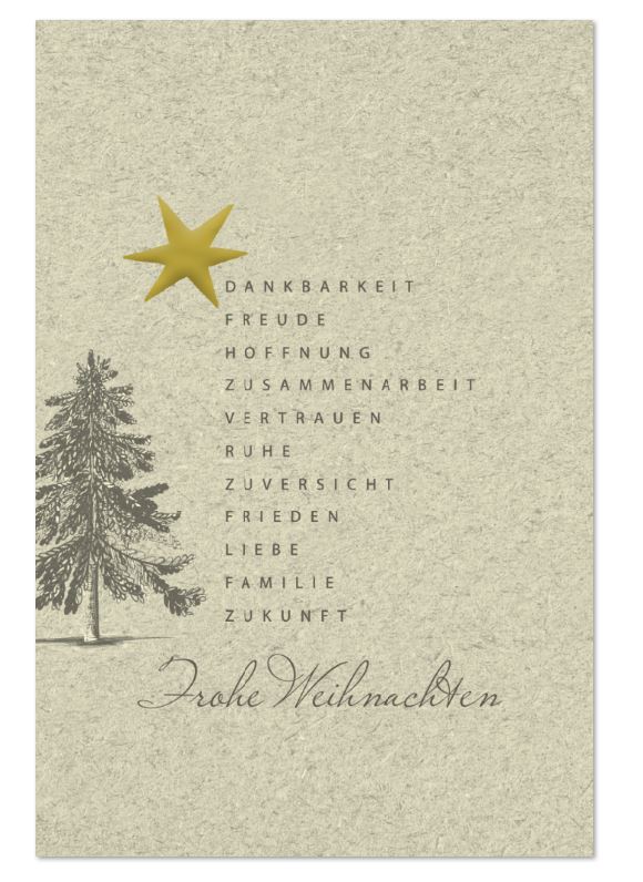 Naturbraune Weihnachtskarte mit goldenem Stern und positiven Schlagworten | Ohne Gestaltung bestellen