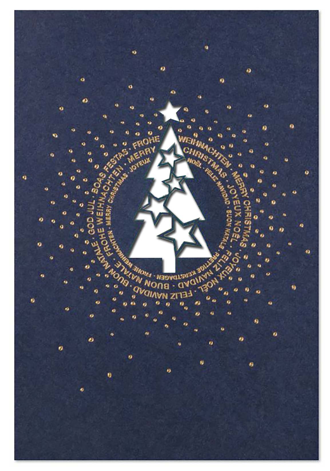 Festliche, dunkelblaue Weihnachtskarte mit goldener Prägung, Stanzung und Einleger in weiß