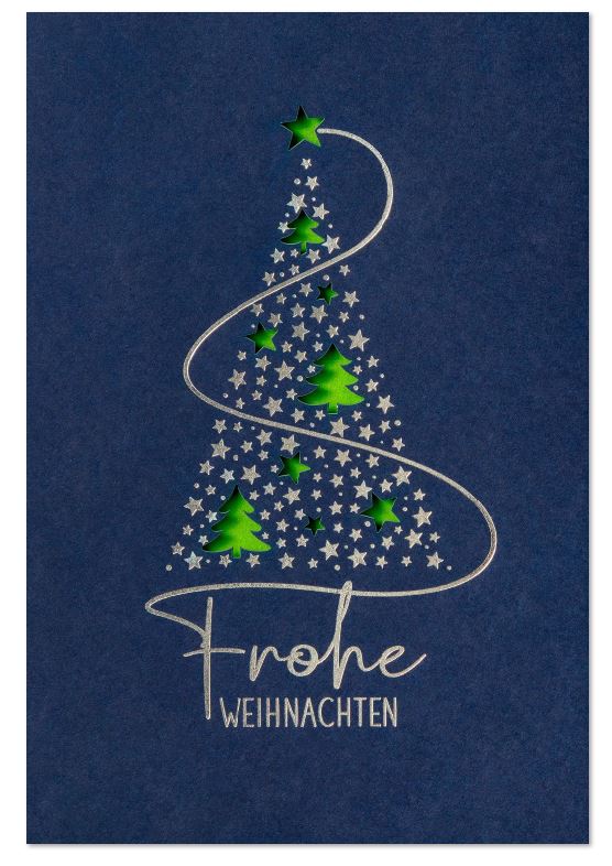 Blaue Weihnachtskarte mit Silberprägung und Stanzung sowie gutem Zweck: Kinderkrebshilfe, Einleger hellgrün