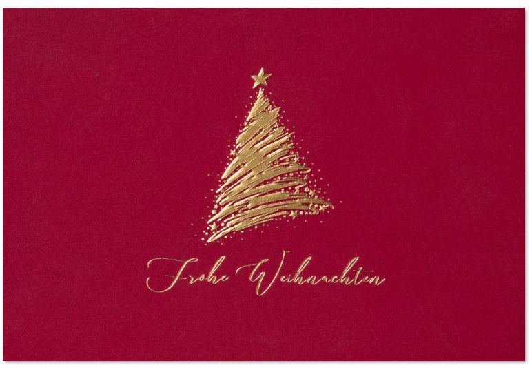 Dunkelrote Weihnachtskarte "Glanzvolles Fest" mit goldgeprägtem Weihnachtsbaum und Gruß, inkl. Einlegeblatt