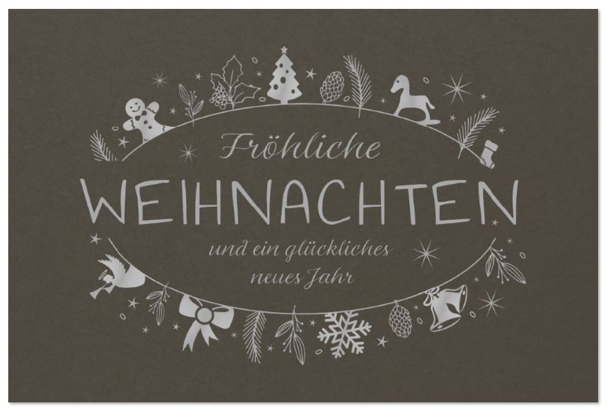 Weihnachtskarte "Lebkuchenmann und Engel" in dunkelbraun mit Silberfolienprägung, inkl. Einleger innen
