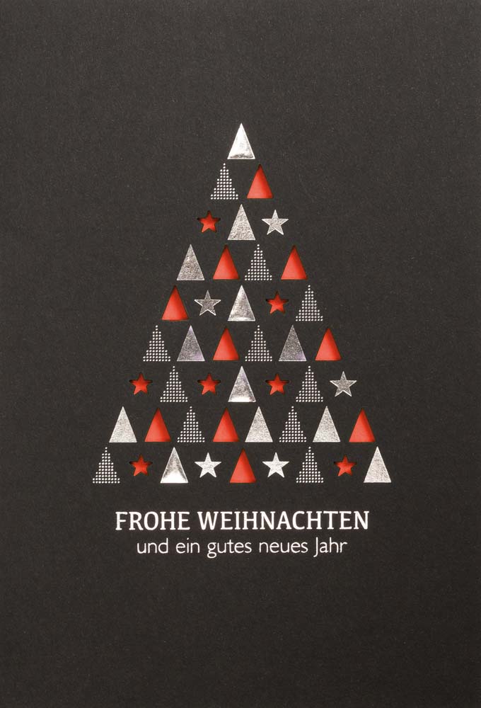Schwarze Laserkarte mit rotem Falteinlegeblatt, Weihnachtsgruß und Silberfoliendruck