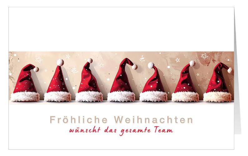 Fröhliche Firmenweihnachtskarte "Festliche Mützenparade" mit Teamgruß und roten Weihnachtsmützen