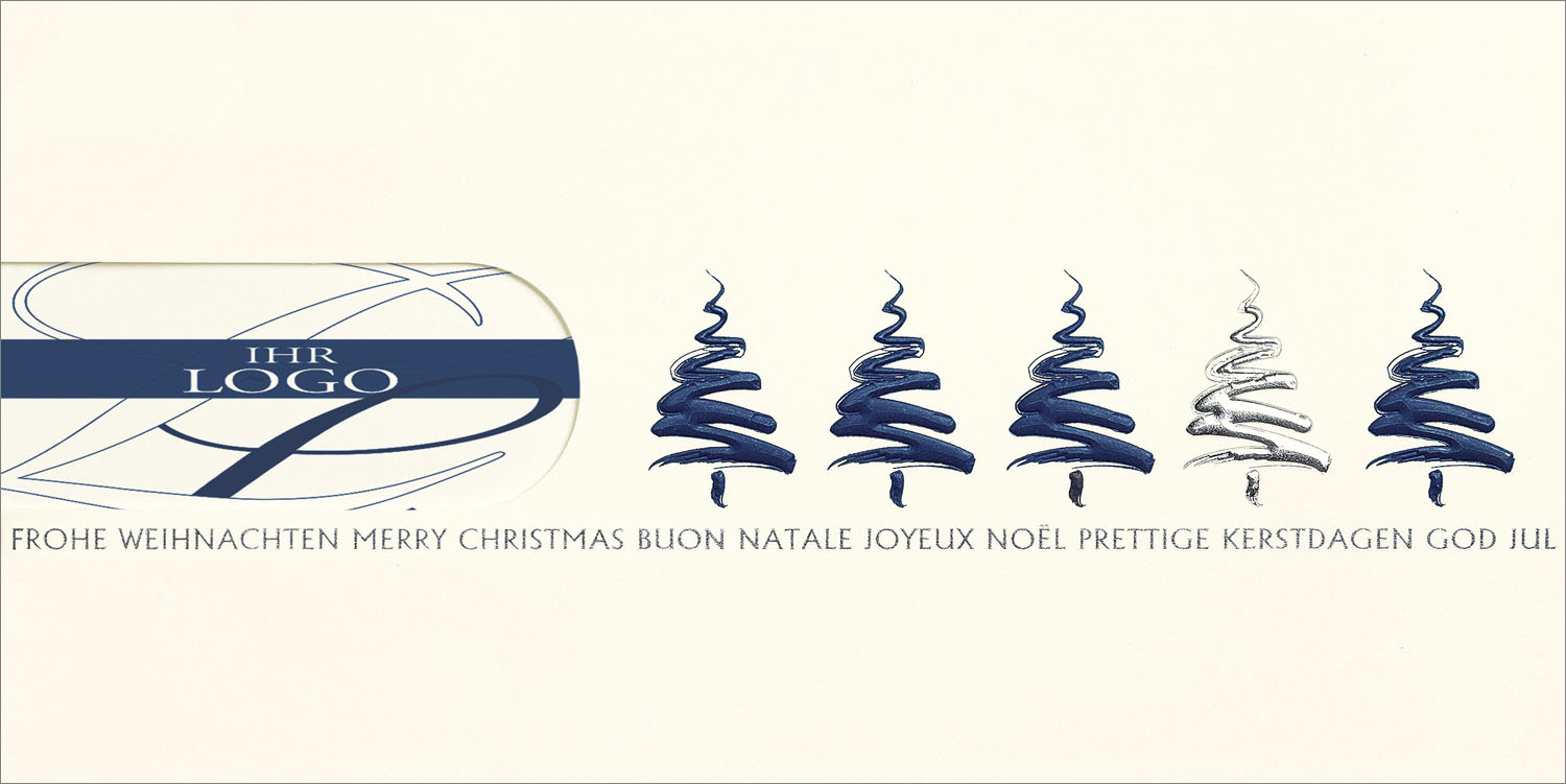 Weihnachtskarte creme abstrakten Weihnachtsbäumen und internationalen Wünschen Logokarte