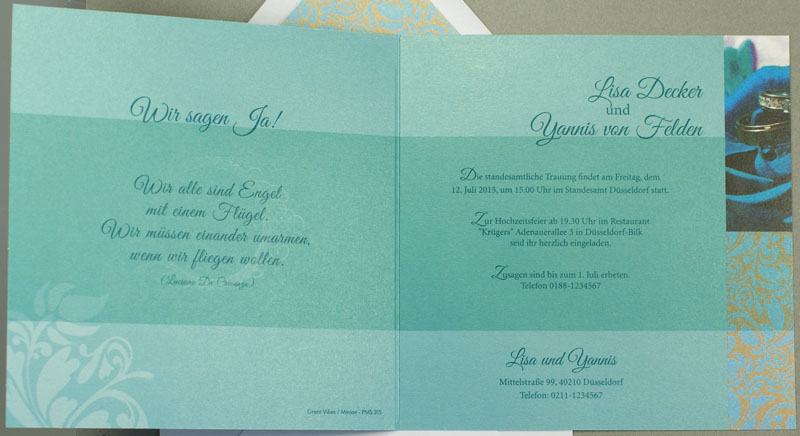 Hochzeitskarte quadratisch Eheringe Vögel Herz türkis ba723094