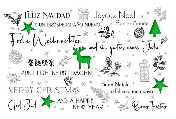 Mehrsprachige Laser-Weihnachtskarte mit grünem Einlegeblatt und Silberfolienprägung