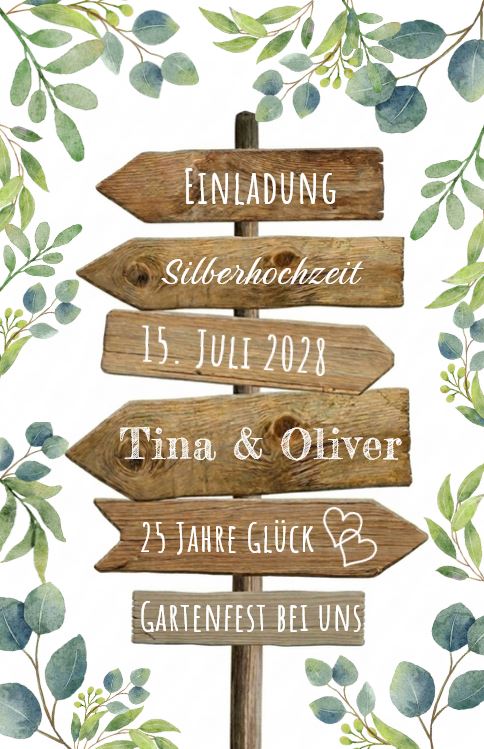 Silberhochzeit-Einladungskarte "Greenery" im floralen Design mit Schilderbaum, eigenen Bildern und Text