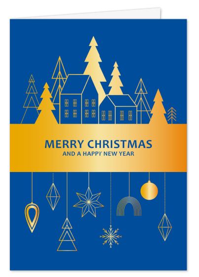 Weihnachtskarte in blau mit englischem Weihnachtsgruß, Häusern, Tannen und Weihnachtskugeln