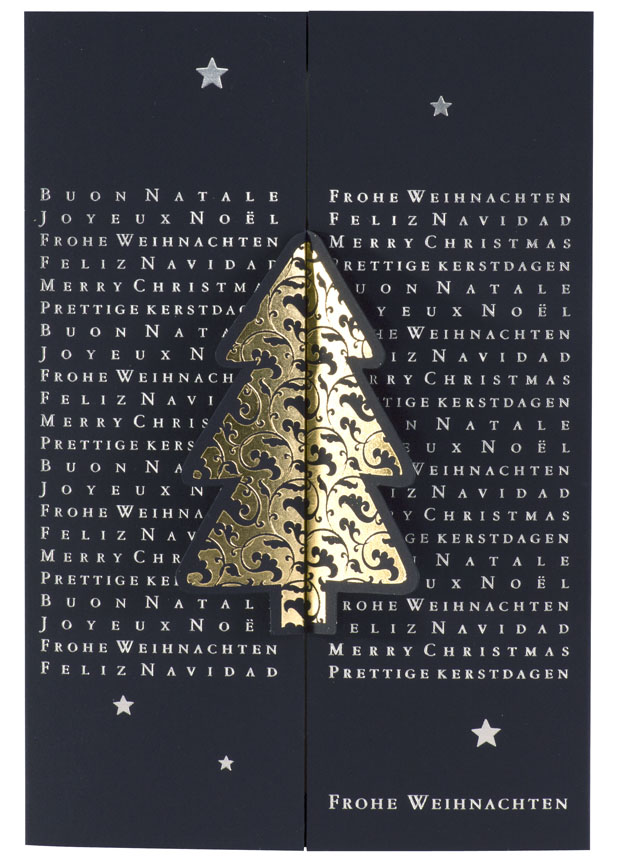 Weihnachtskarte nachtblau mit internationalen Wünschen und goldenem Weihnachtsbaum