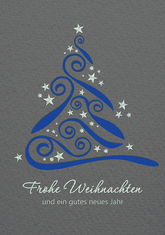 Weihnachtskarte in grau mit blauem Einleger zugunsten Deutsche Kinderkrebsstiftung