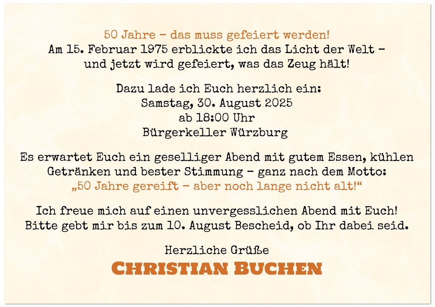 Mustertext zu Retro Einladungskarte "ORIGINAL" zum 50. Geburtstag DIN A6, individuell zu gestalten