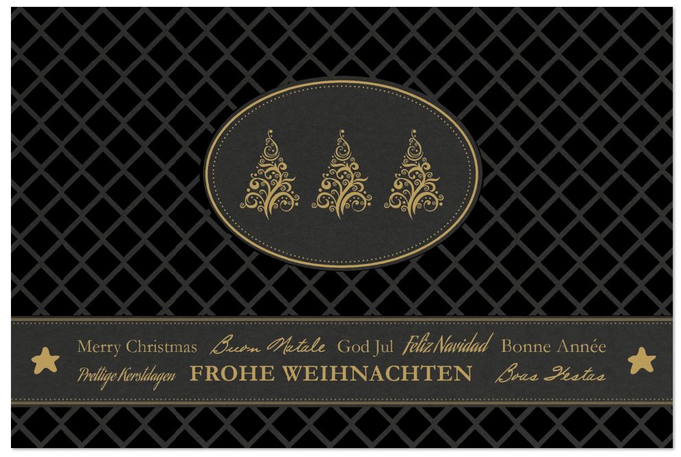 Exklusive Weihnachtskarte in Schwarz mit internationalen Grüßen und ornamentverzierten Bäumen, inkl. Einlegeblatt