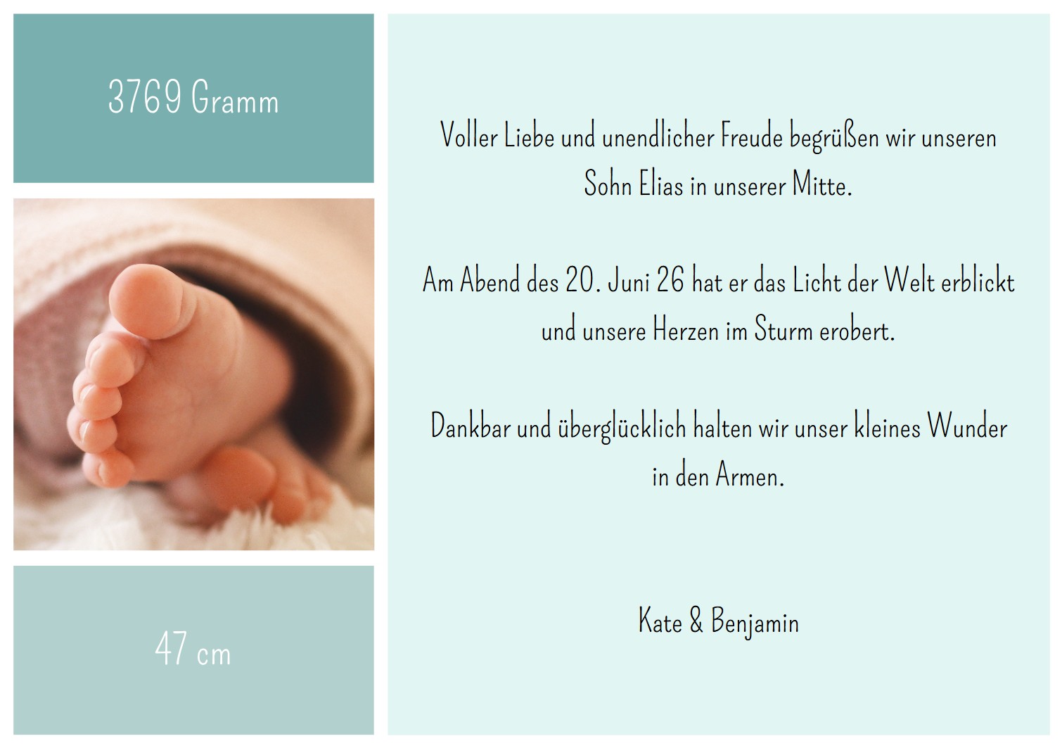 eukalyptus, pastell-türkis Personalisierbare Geburtskarte im modernen Steckbrief-Layout mit eigenen Fotos individuell zu gestalten
