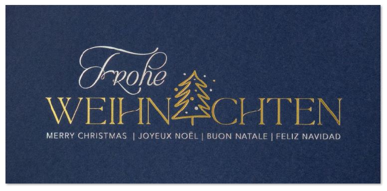 Elegante Weihnachtskarte "Weihnachtlicher Traum" in dunkelblau mit Tannenbaum und internationalen Grüßen