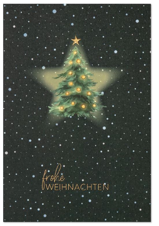Dunkelgrüne Grußkarte "Zauberhaftes Weihnachten" mit Weihnachtsbaum im Sternenglanz und Gruß in Goldprägung