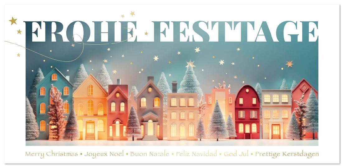 Internationale Spendenweihnachtskarte mit bunter Häuserzeile und gutem Zweck für die Kinder-Not-Hilfe 
