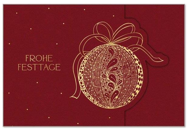 Bordeauxrote Festtagskarte "Goldener Kugelglanz" mit Formstanzung und Goldfolienprägung, inkl. Einlegeblatt