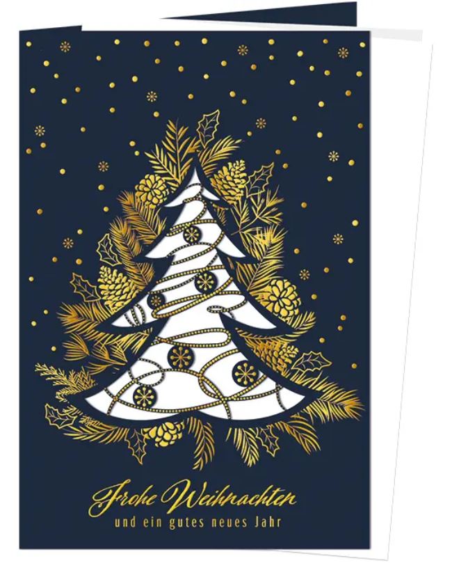 Dunkelblaue Weihnachtskarte "Christmas Tree" mit feiner Laserung und Goldfolienprägung, Einleger weiß