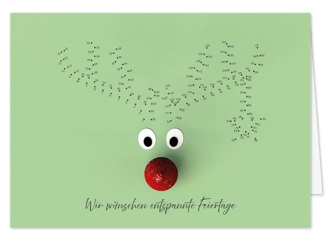 Kreative Weihnachts-Spendenkarte „Punkt für Punkt“ in Pastellgrün mit Rentier zugunsten: Kinder-Krebs-Stiftung